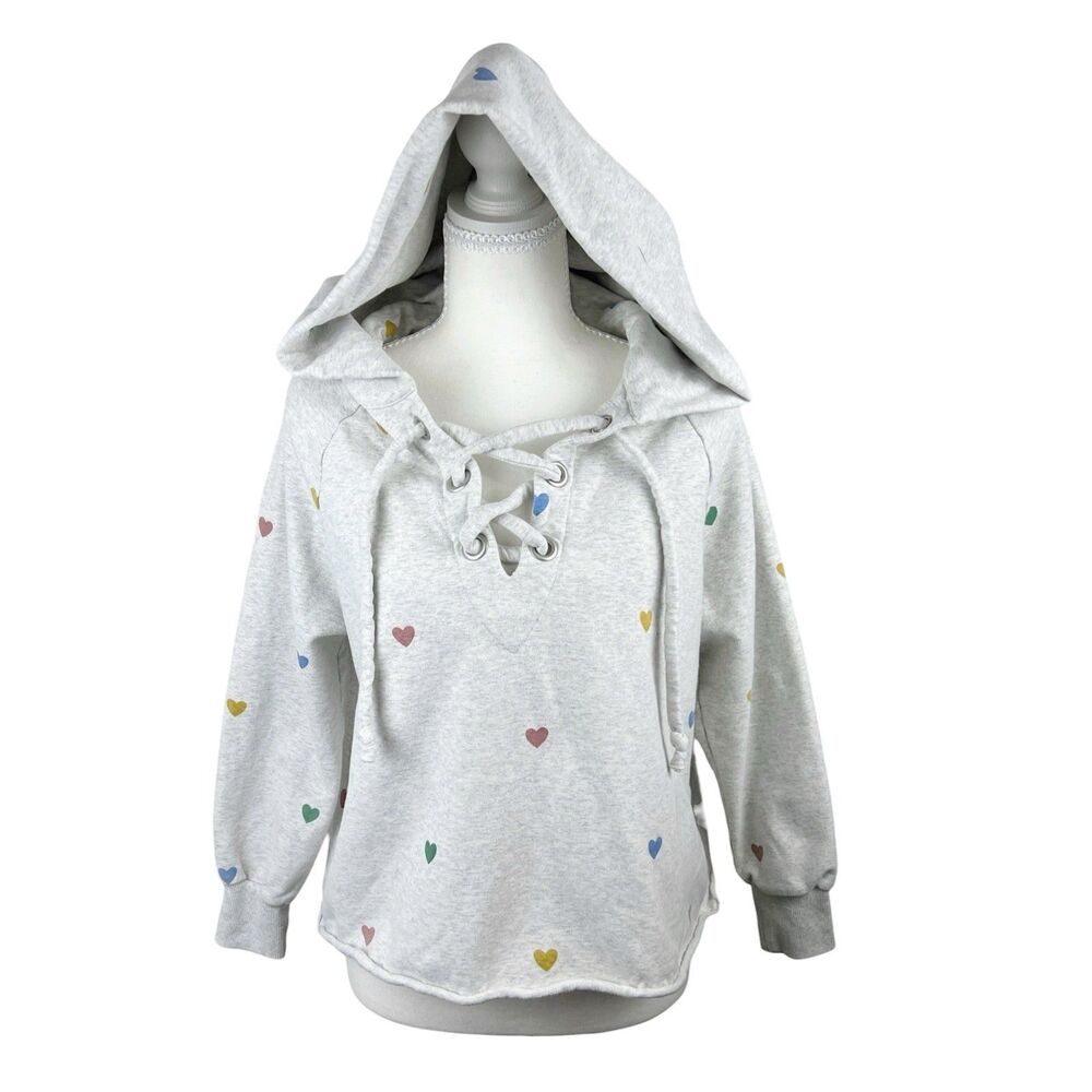 Storia Sweater Women Small Grey Hearts Print Cropped Pullover Oversized Hood